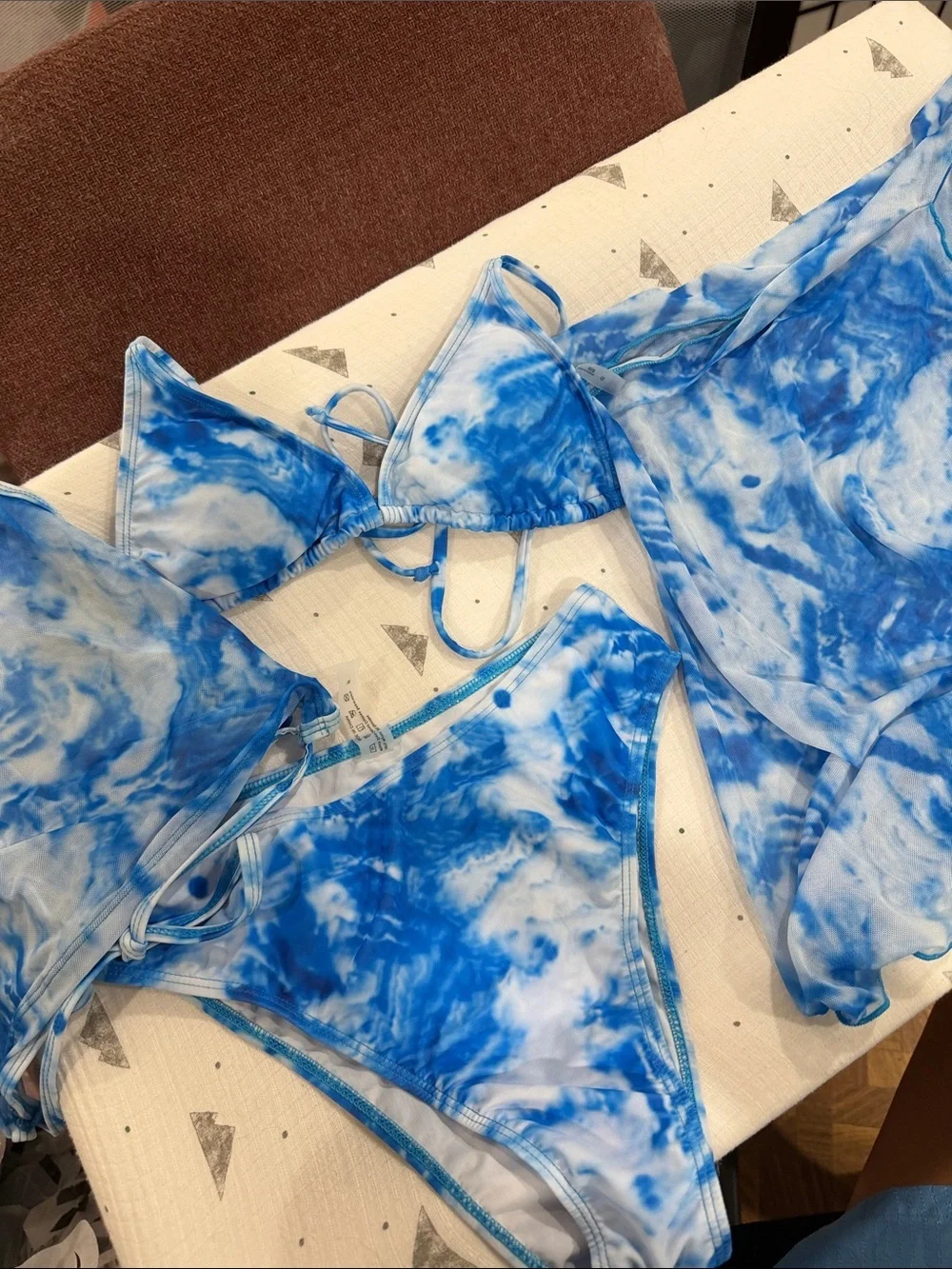 SHEIN Blue and White Tie-Dye Triangle Bikini Set